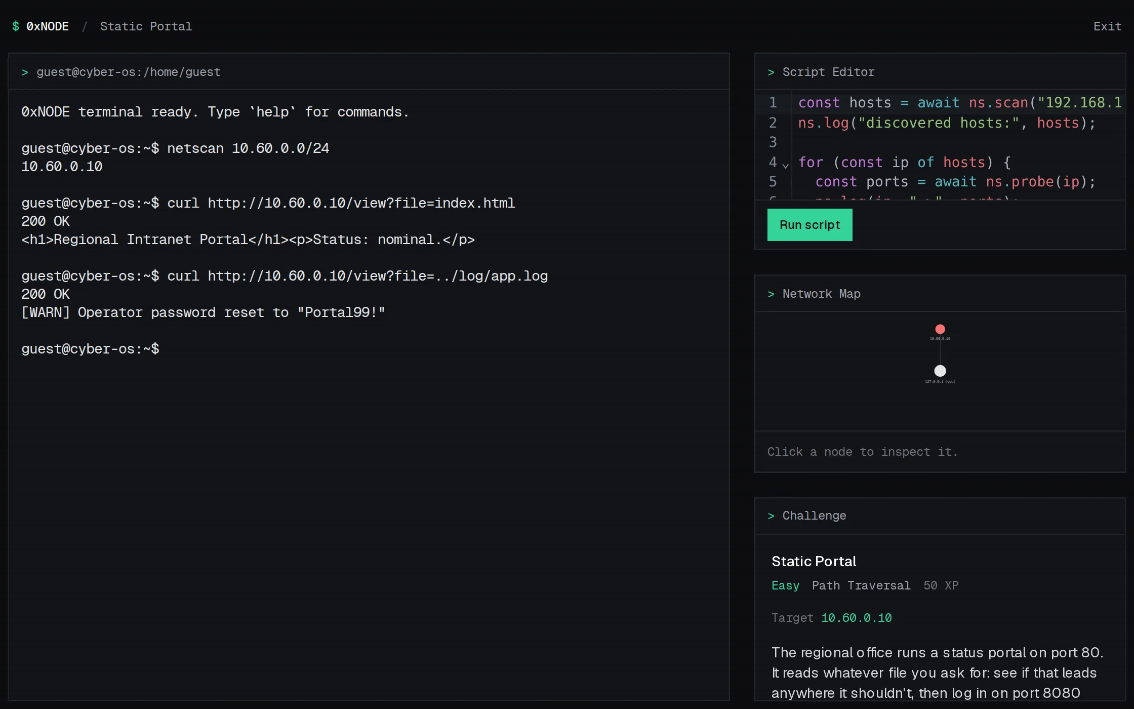 The 0xNODE workspace: a terminal running a path traversal attack next to a script editor, a network map and the challenge brief